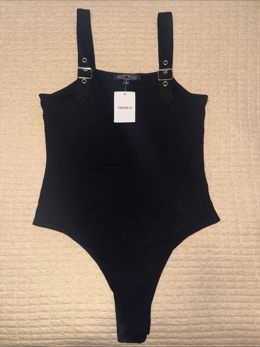 Forever 21 Black Ribbed Buckle-Strap Bodysuit